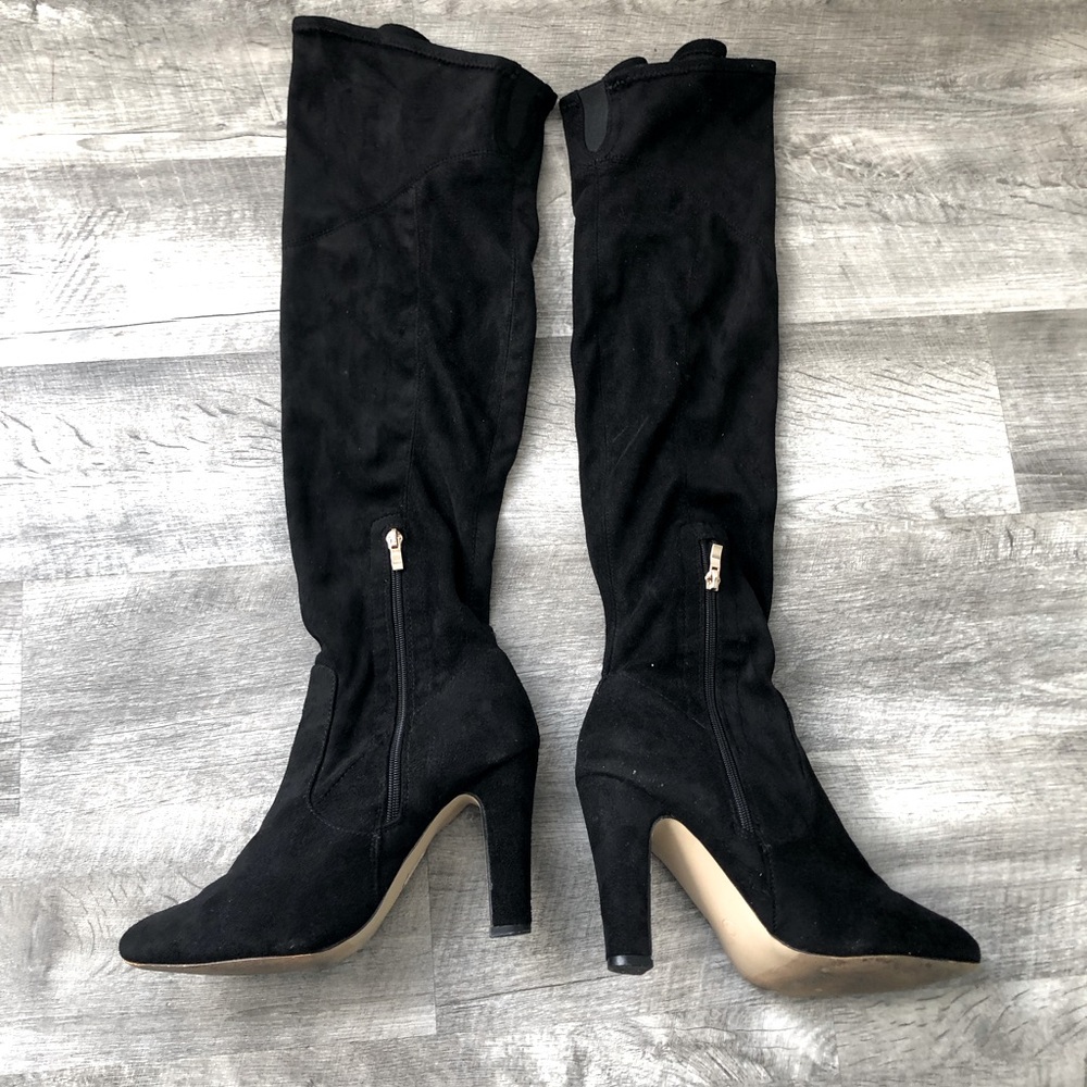 Womens 10 Velvet Black Tall High Heeled Boots With Zipper